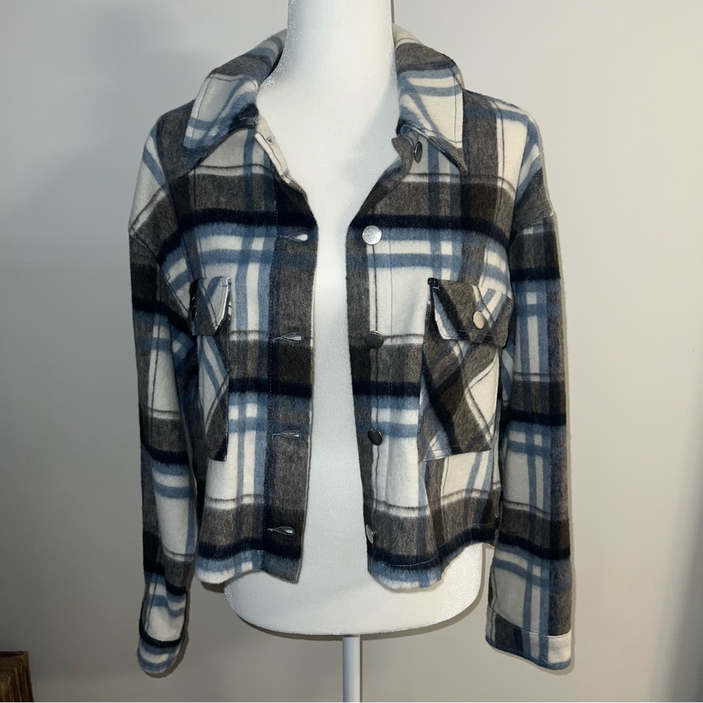 Zara Cropped Shacket Grey/Black/Blue Plaid